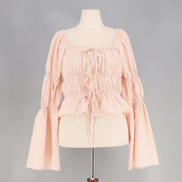 ENGLISH FACTORY Tie Detailed Gingham Shirring Top Long Sleeves Blush Pink Size L - Picture 4 of 10